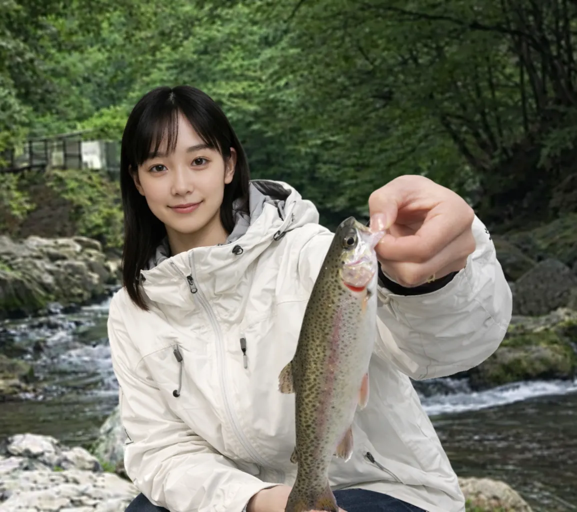 日原川渓流釣場でニジマスの釣果を得た国生.webp