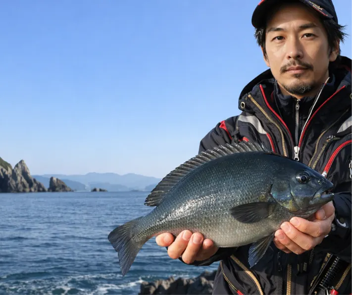 日振島でグレの釣果を得た佐々木.webp