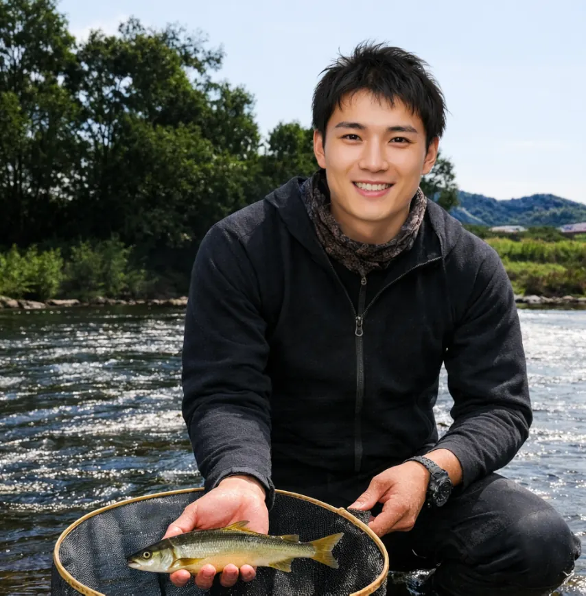 昆布川でアユの釣果を得た新崎.webp