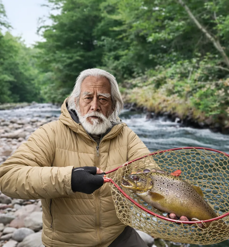 昆布川でブラウントラウトの釣果を得た米田.webp