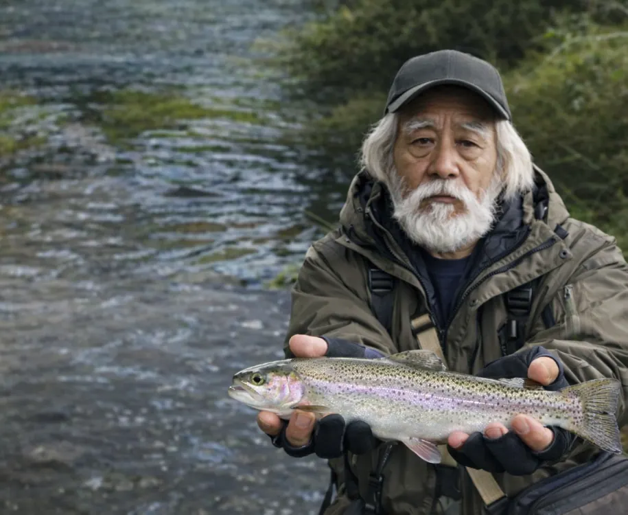 星置川でニジマスの釣果を得た米田.webp