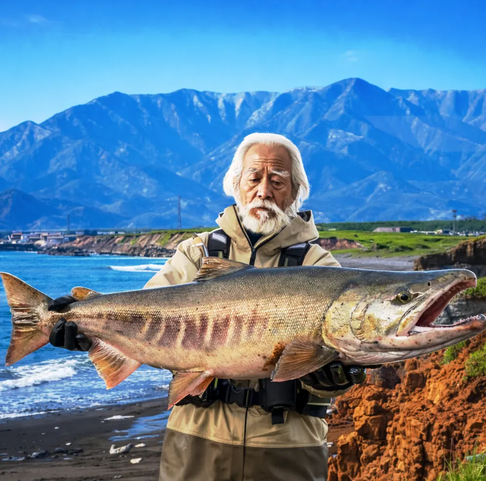 晩成海岸でサケの釣果を得た米田.webp