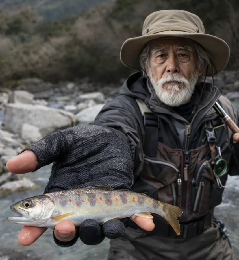 朝明川でアマゴの釣果を得た米田.webp