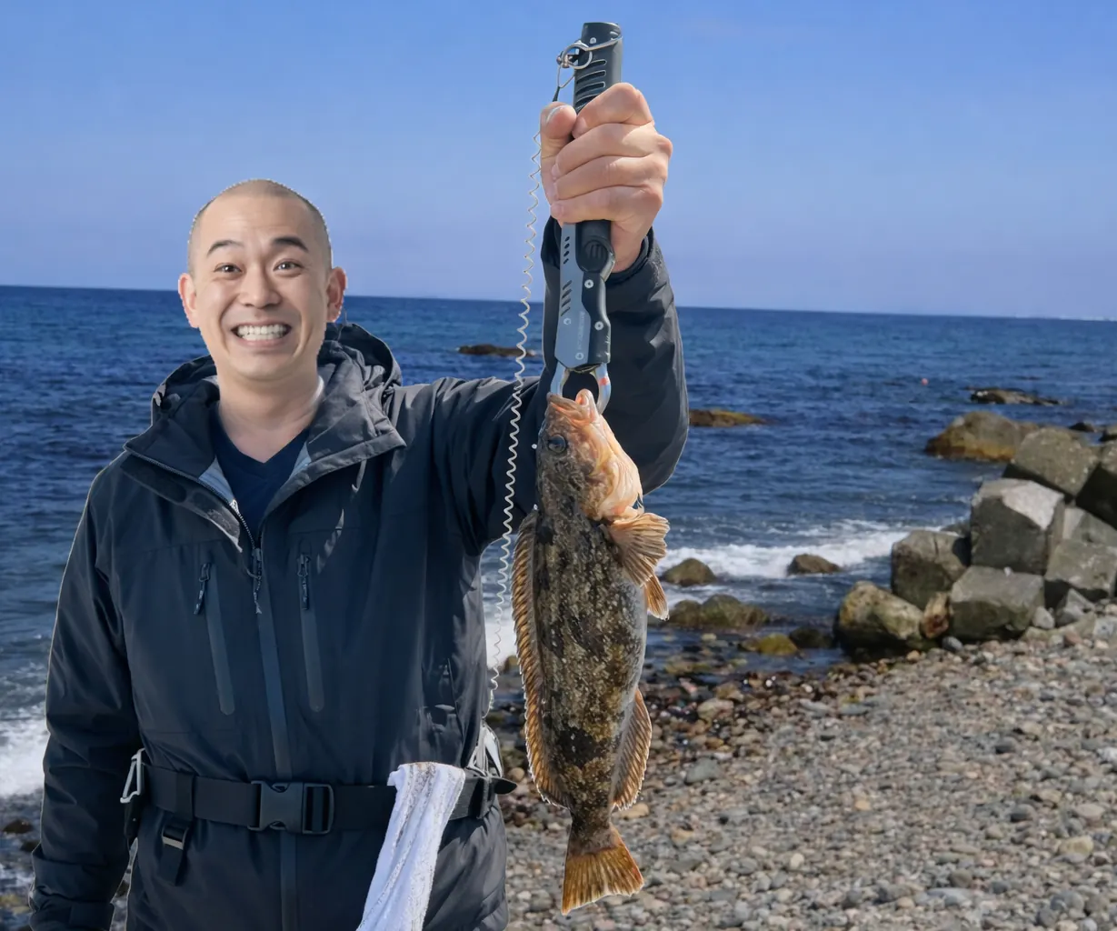 朝里海岸でアイナメの釣果を得たがんだま君.webp