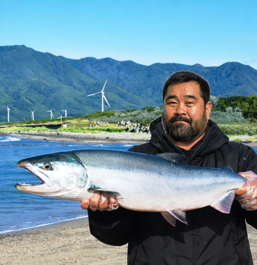 朱太川河口でサケの釣果を得た楢崎.webp