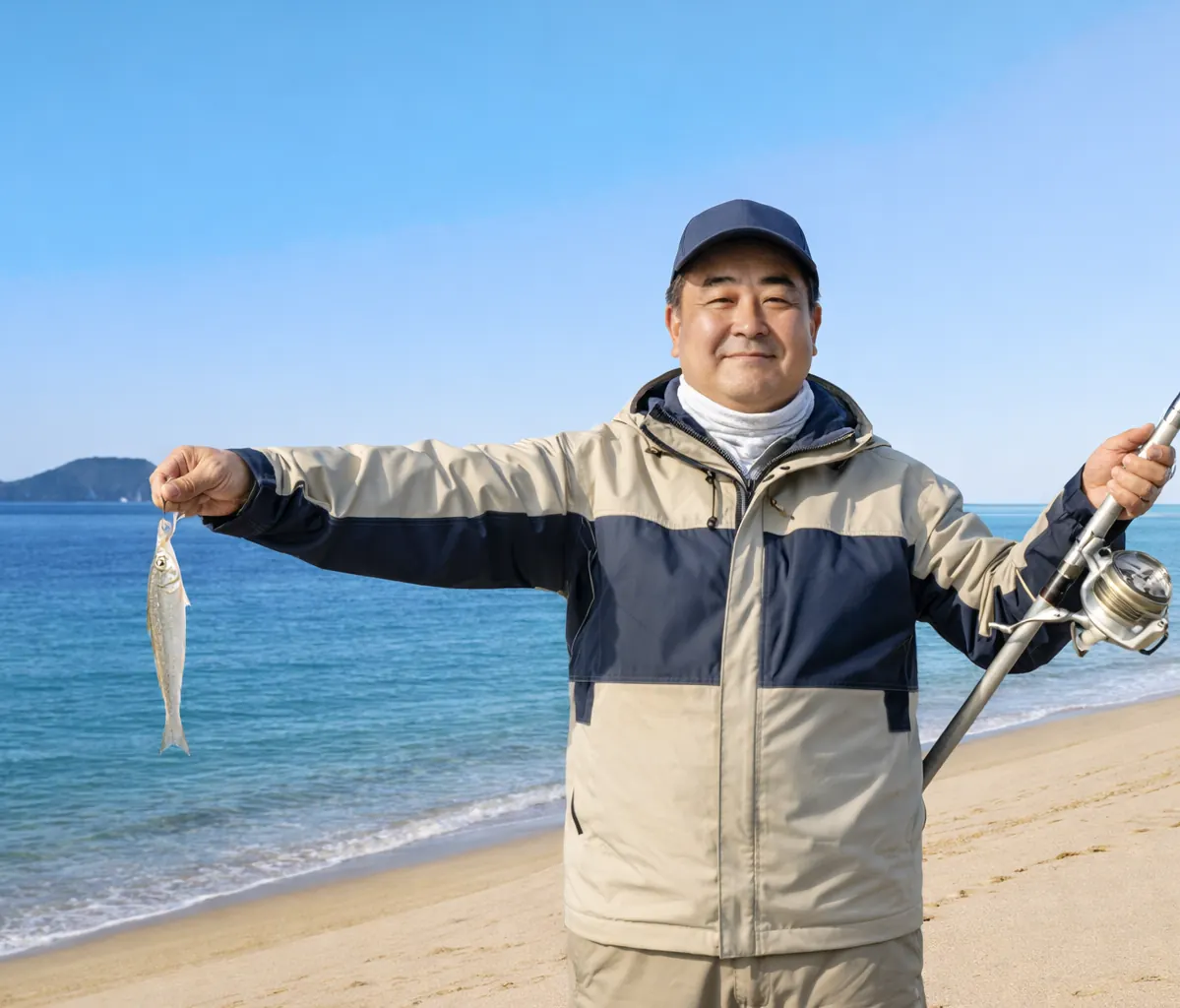 東村海岸でシロギスの釣果を得た持田.webp