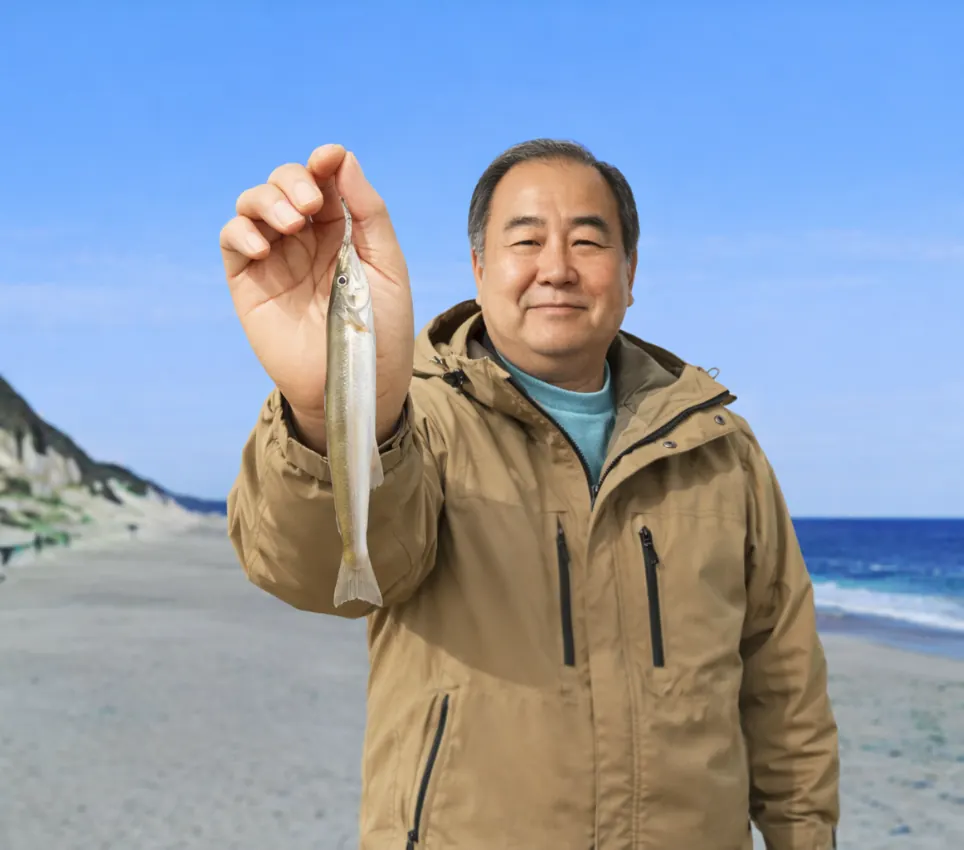 東赤沢海岸でシロギスの釣果を得た持田.webp