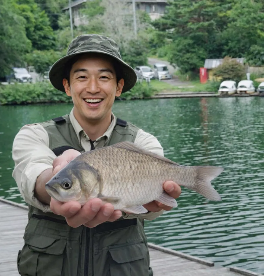 松原湖でヘラブナの釣果を得た勝田.webp