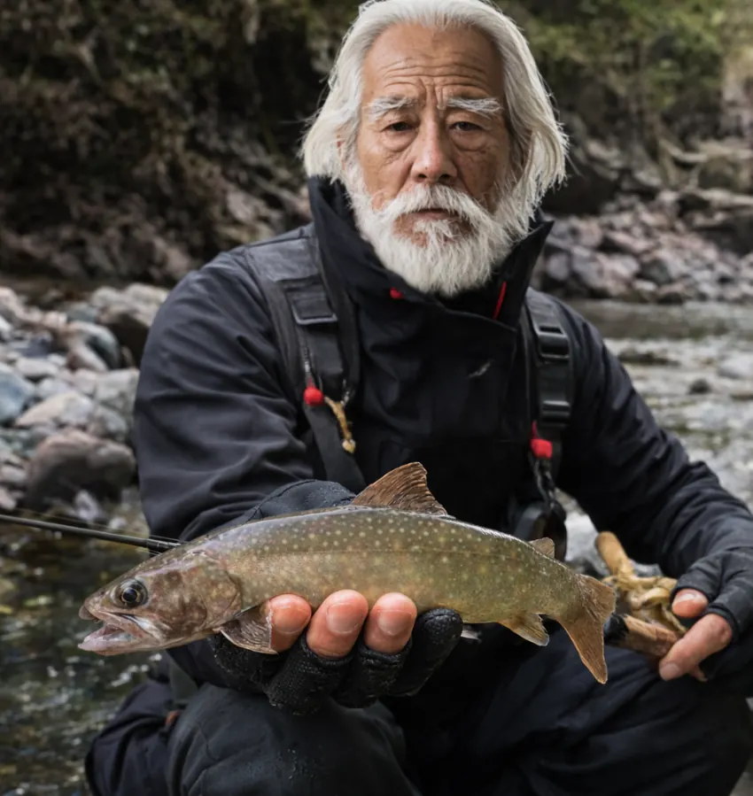 松木川でイワナの釣果を得た米田.webp