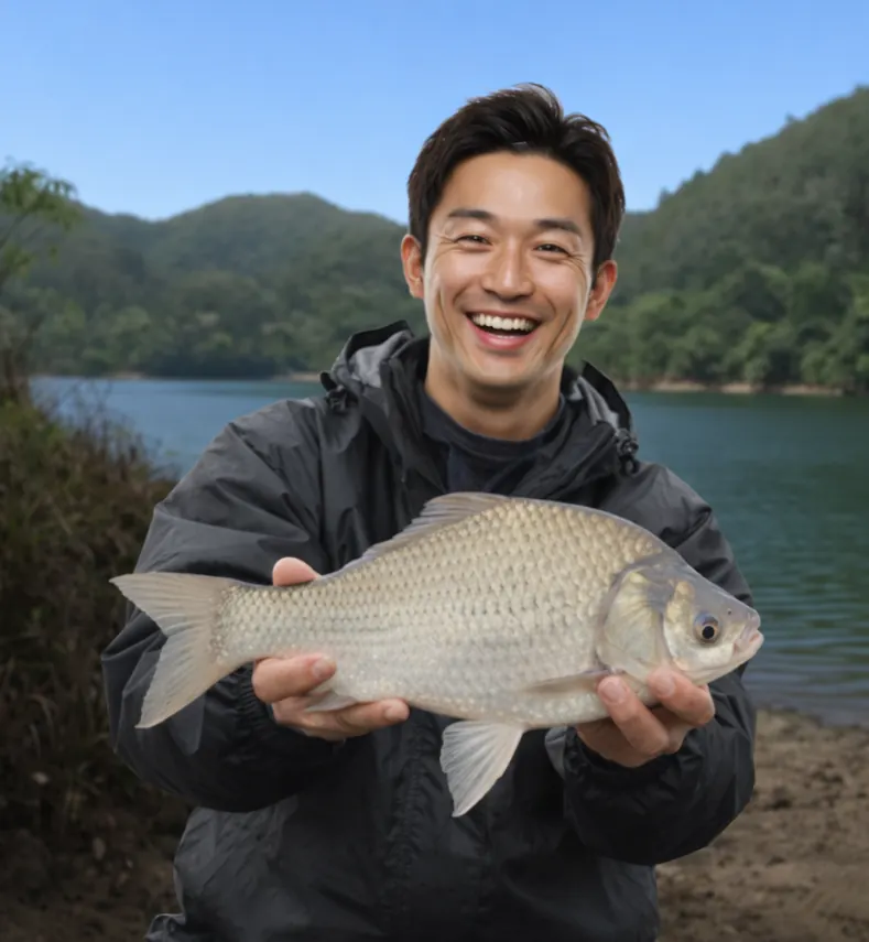水沼ダムでヘラブナの釣果を得た勝田.webp