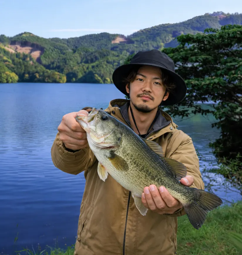江川ダムでブラックバスの釣果を得た澤田.webp