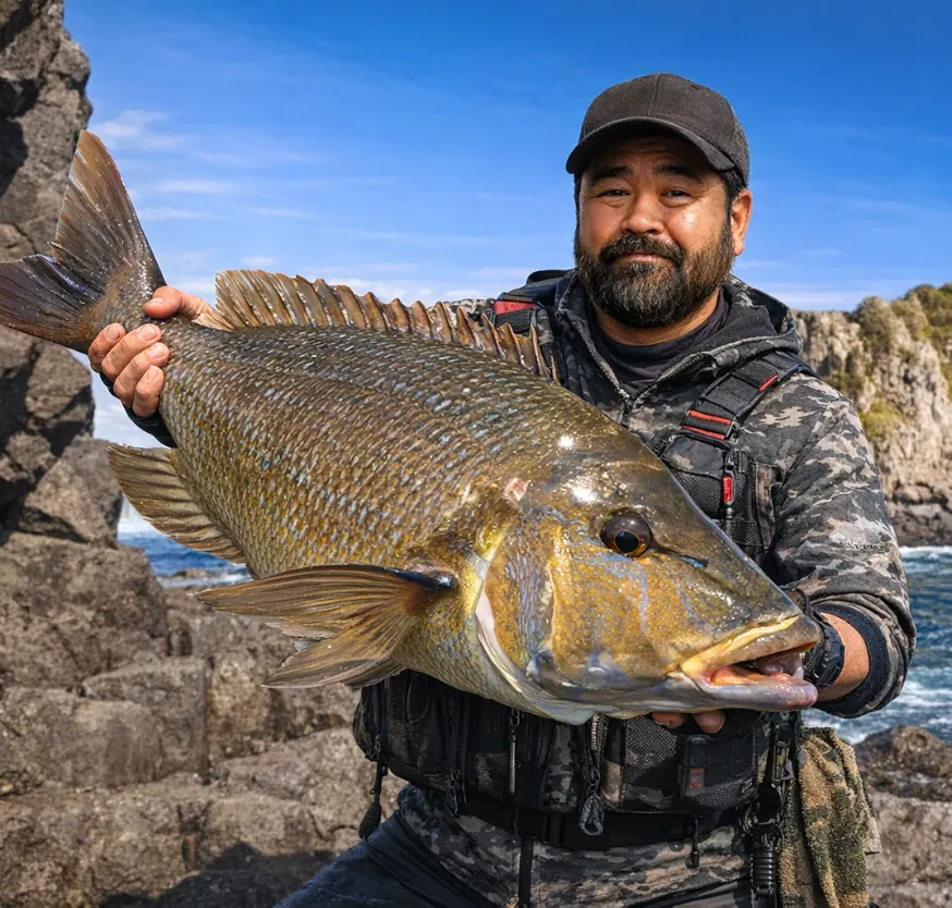 沖の島でハマフエフキの釣果を得た楢崎.webp