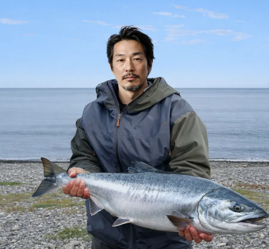 沖村川河口でサケの釣果を得た佐々木.webp