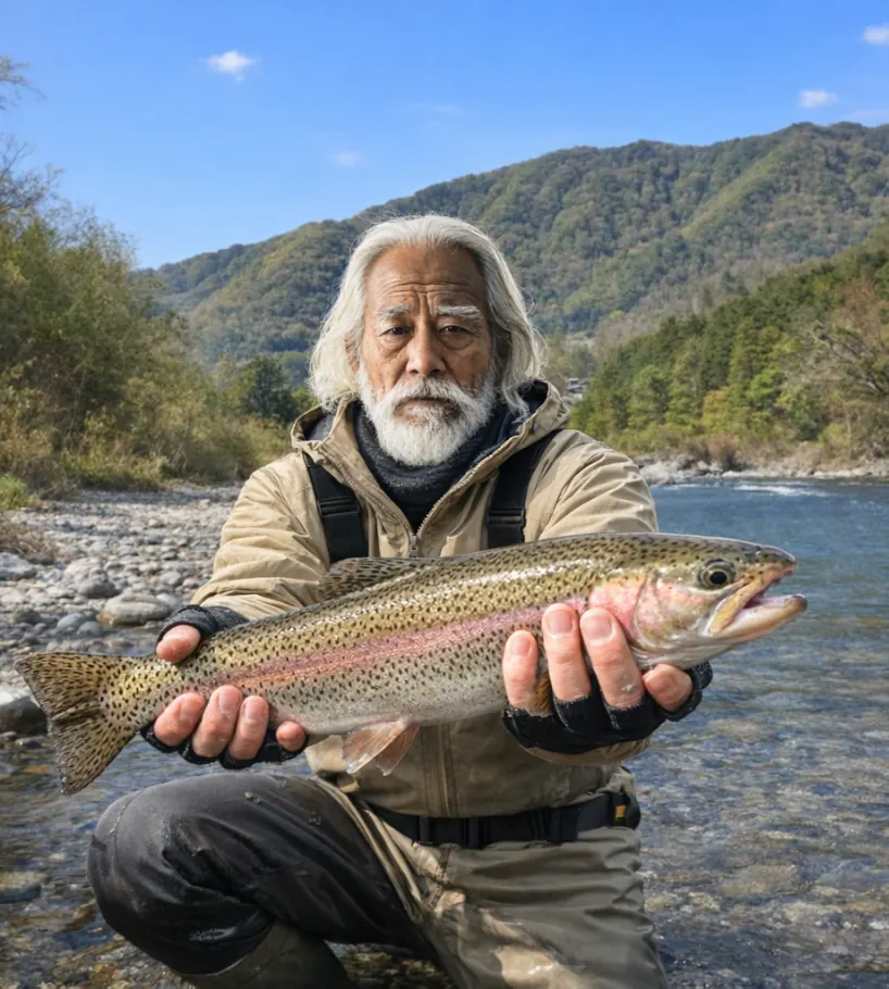 沙流川でニジマスの釣果を得た米田.webp