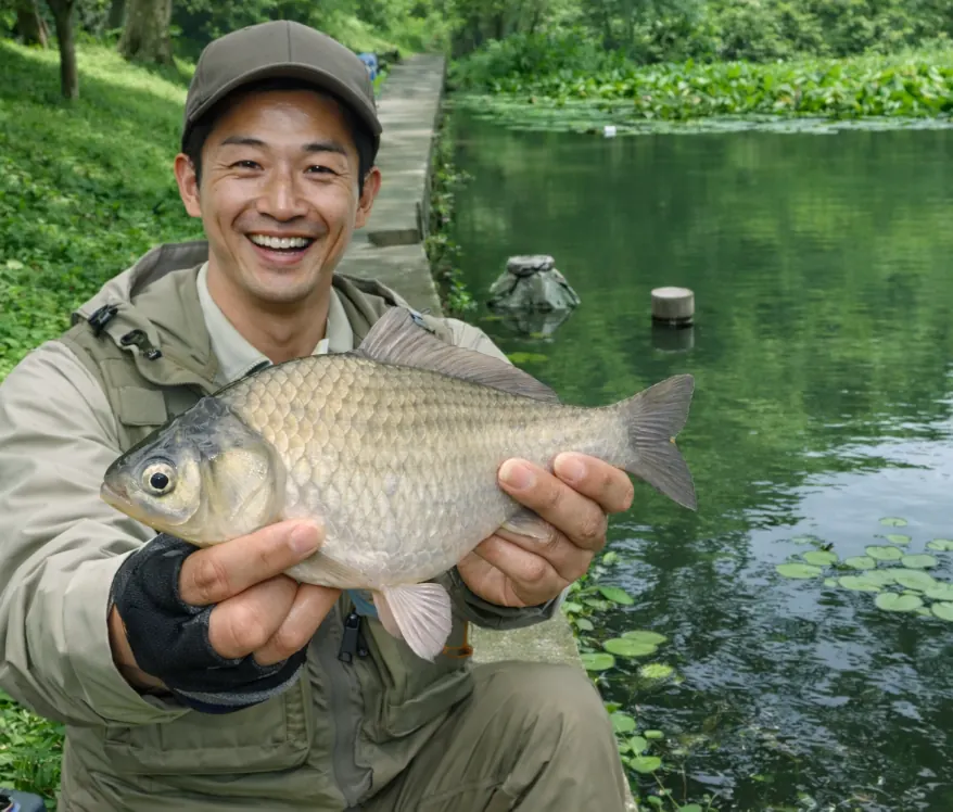 浅間池でヘラブナの釣果を得た勝田.webp