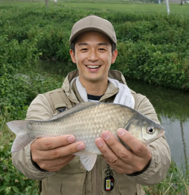 浮戸川でヘラブナの釣果を得た勝田.webp