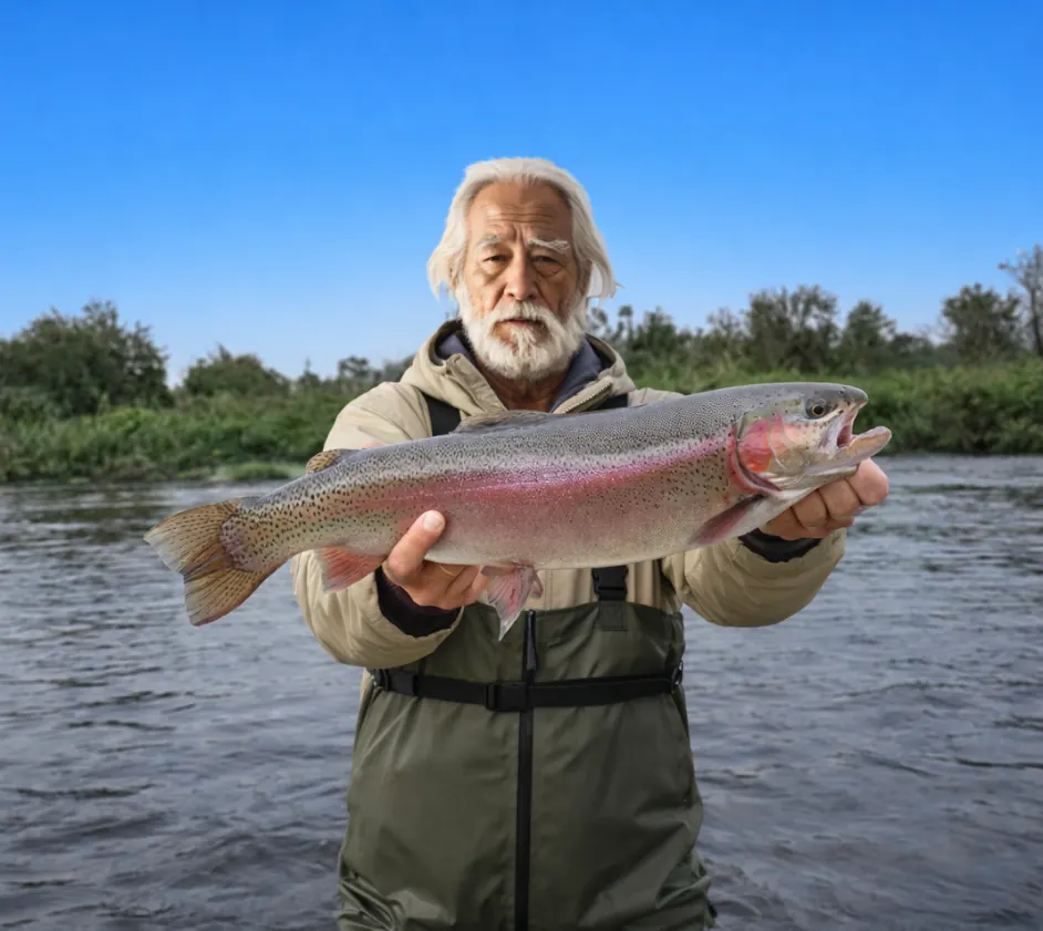 渡良瀬川でニジマスの釣果を得た米田.webp