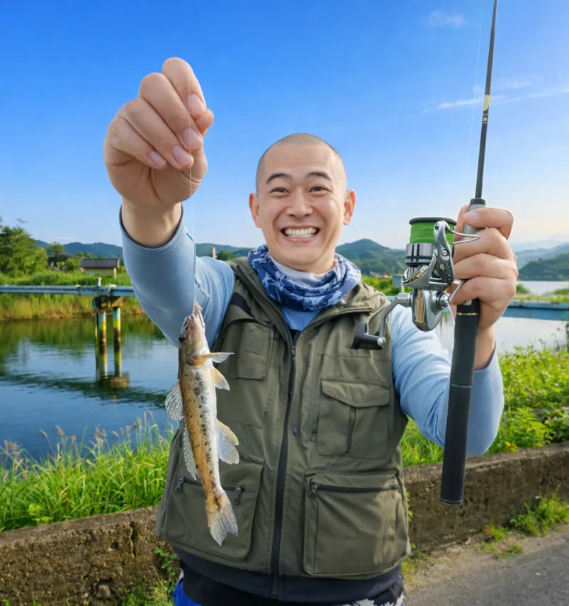 湖山池でハゼの釣果を得たがんだま君.webp