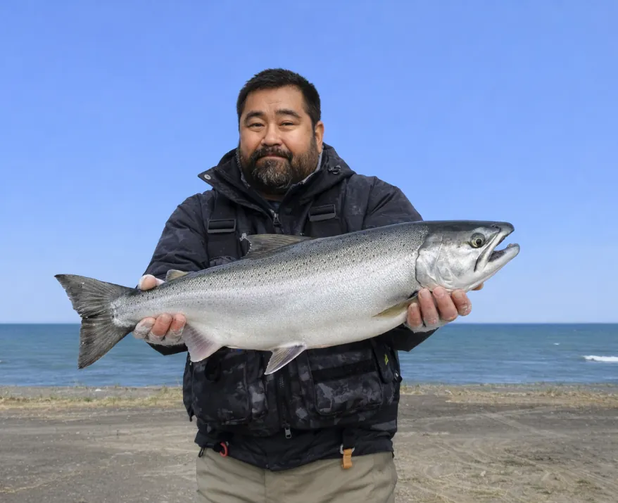 湧洞沼前でサケの釣果を得た楢崎.webp