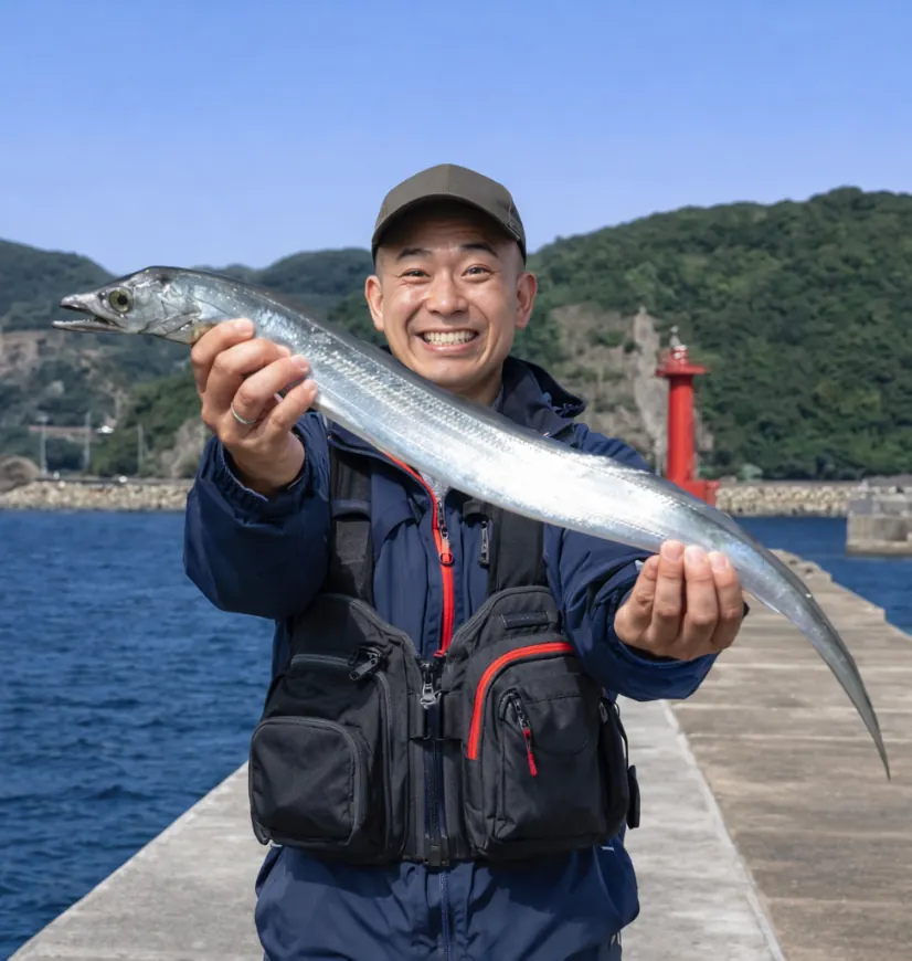湯浅一文字でタチウオの釣果を得たがんだま君.webp