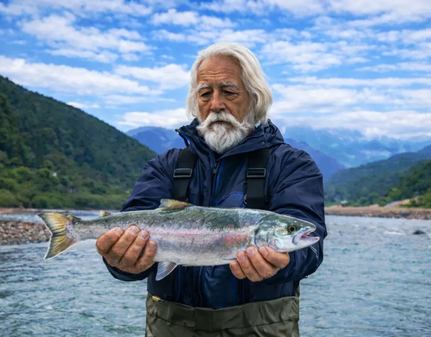 熊野川でサツキマスの釣果を得た米田.webp