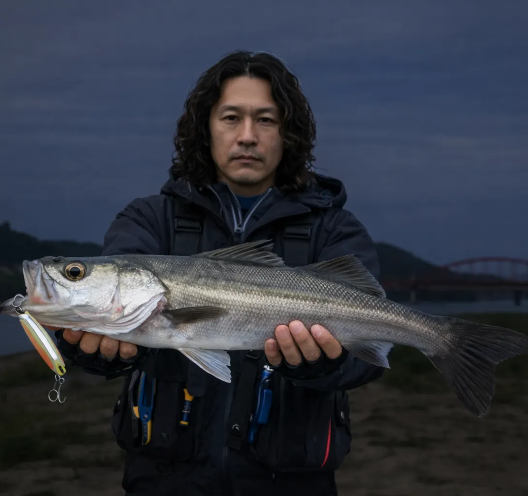 熊野川でシーバスの釣果を得た岸本.webp