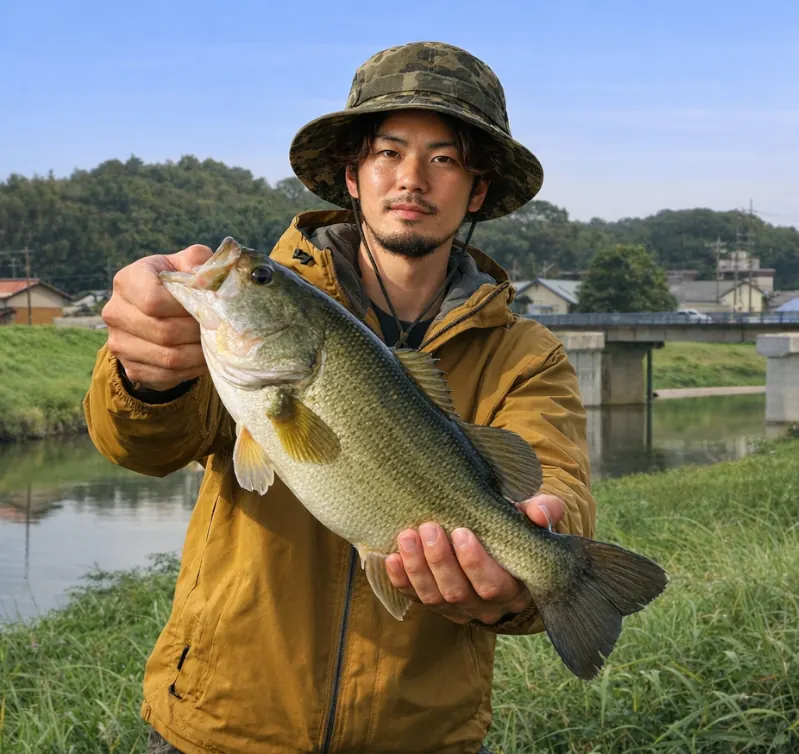 犬鳴川でブラックバスの釣果を得た澤田.webp