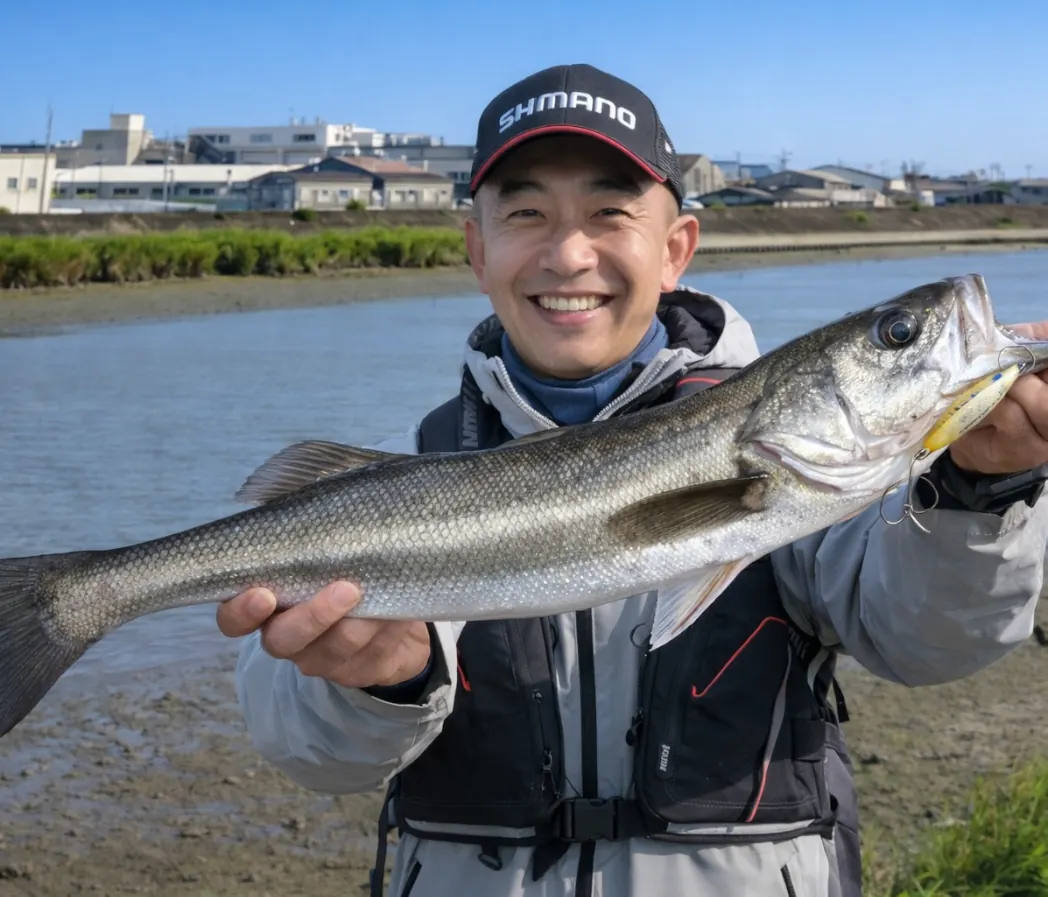 猿渡川でシーバスの釣果を得たがんだま君.webp