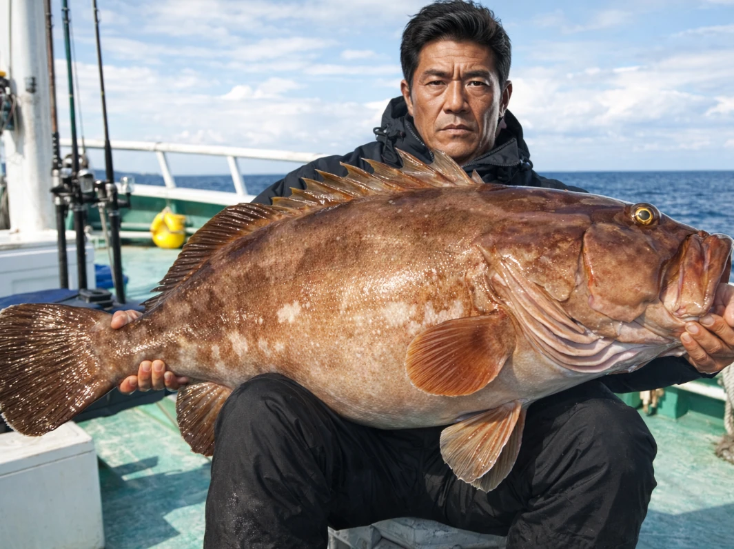 玄界灘でクエ（アラ）の釣果を得た北方.webp