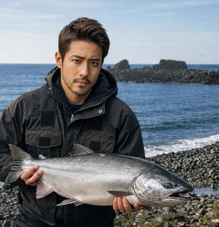 珊内川河口でサケの釣果を得た広岡.webp