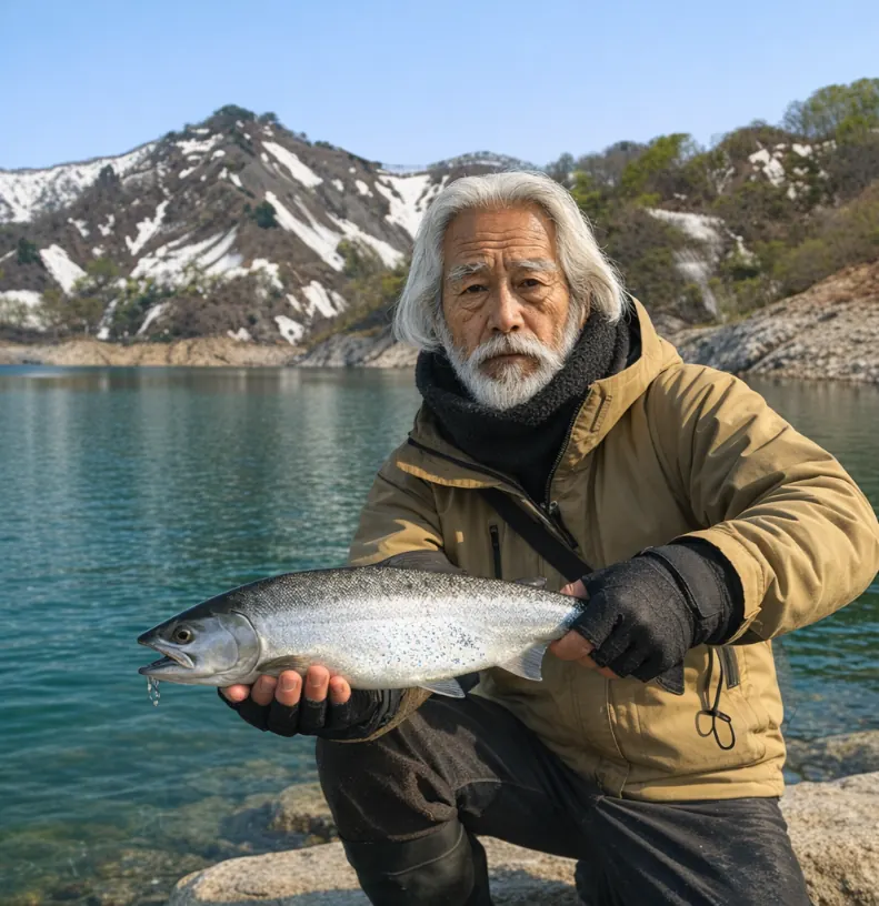 田子倉湖でサクラマスの釣果を得た米田.webp