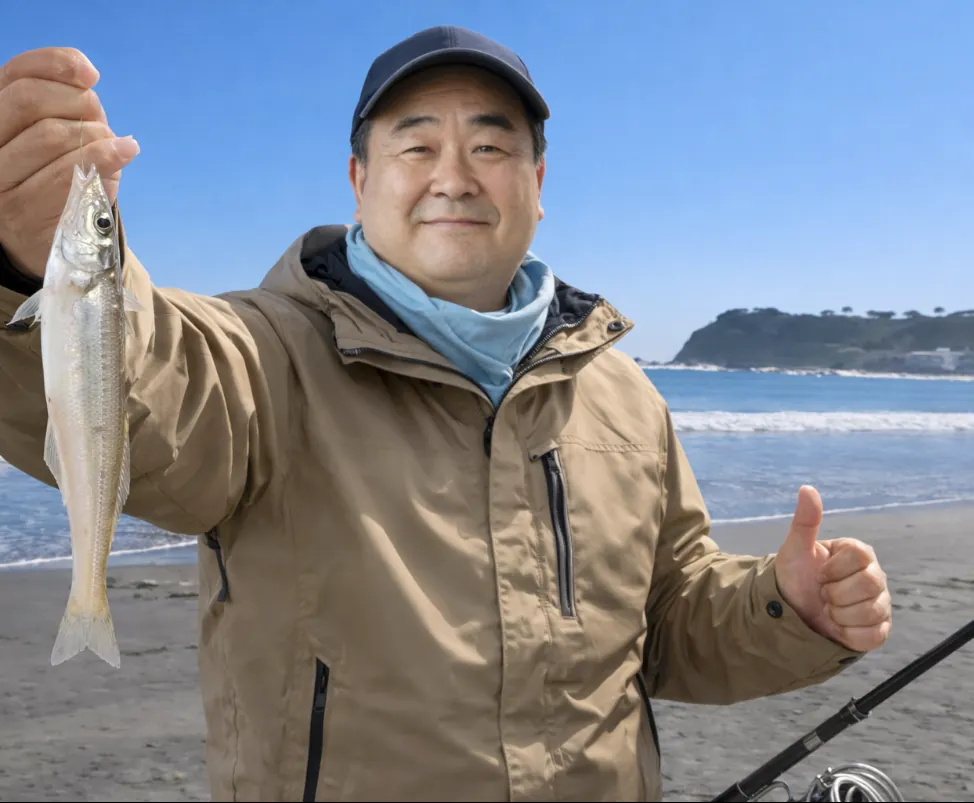 由比ヶ浜海岸でシロギスの釣果を得た持田.webp