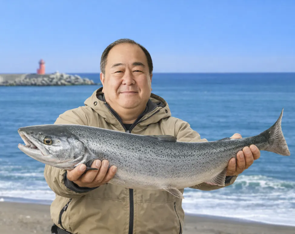 登別川河口でサケの釣果を得た持田.webp