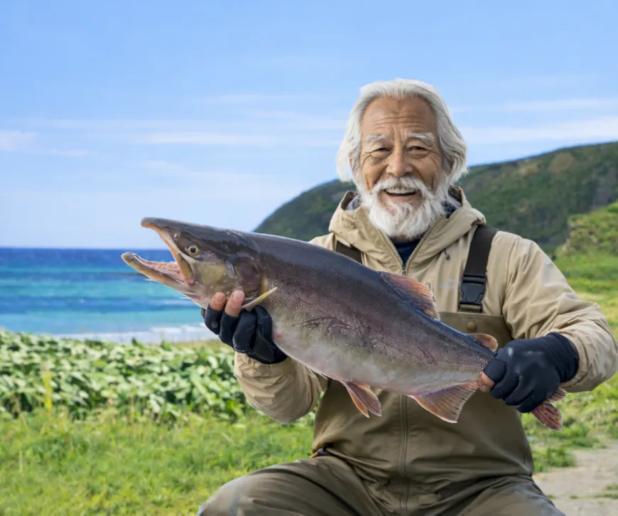 目梨川河口でカラフトマスの釣果を得た米田.webp