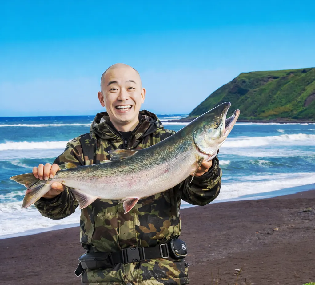 目梨川河口でサケの釣果を得たがんだま君.webp