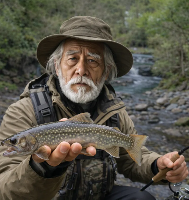 石徹白川でイワナの釣果を得た米田.webp