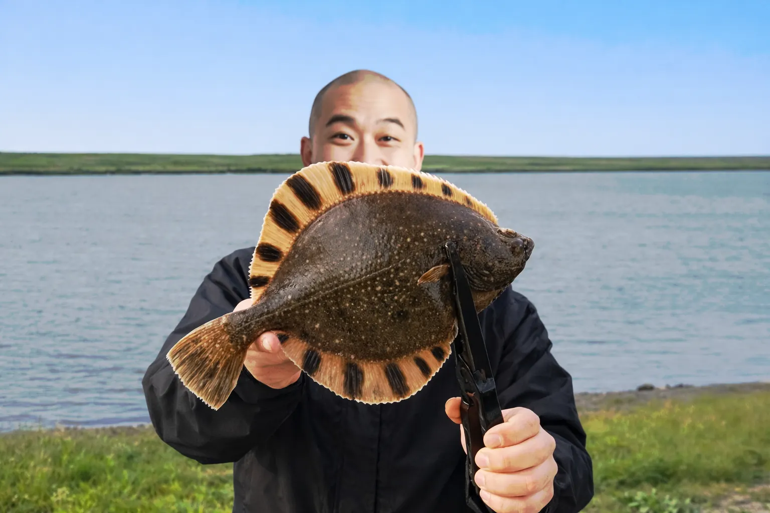 石狩川でカワガレイの釣果を得たがんだま君.webp