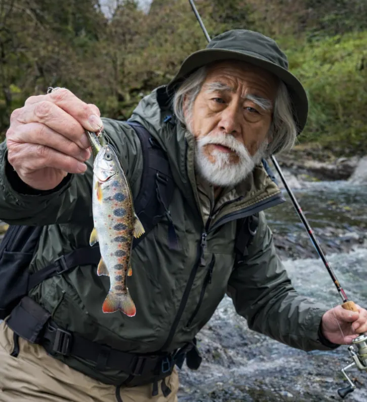石田川でアマゴの釣果を得た米田.webp