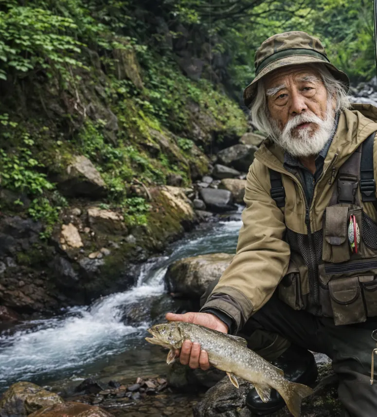 破間川でイワナの釣果を得た米田.webp