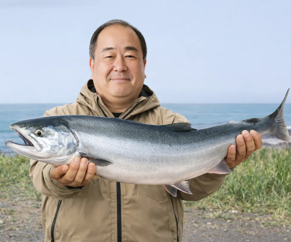 社台川河口でサケの釣果を得た持田.webp