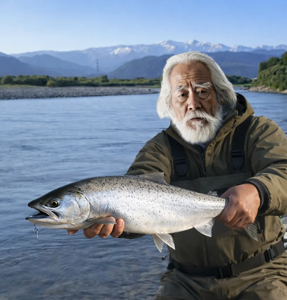 神通川でサクラマスの釣果を得た米田.webp