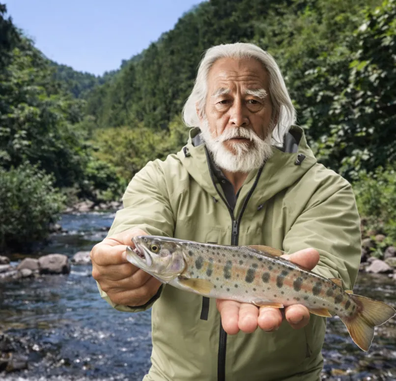 稗貫川でヤマメの釣果を得た米田.webp