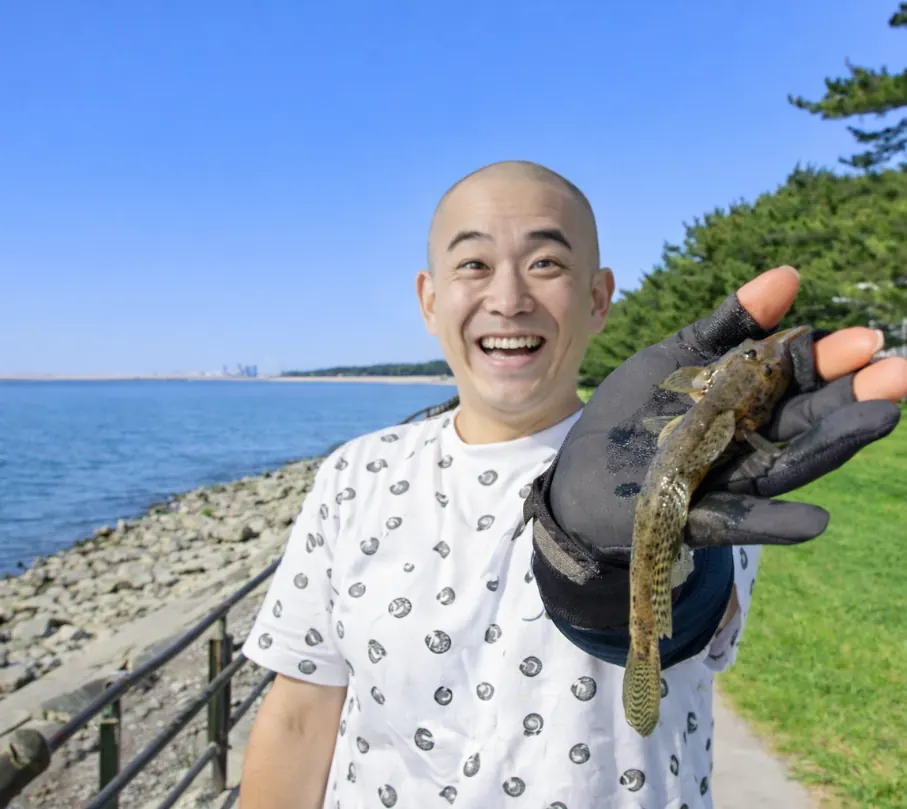 稲永公園でハゼの釣果を得たがんだま君.webp