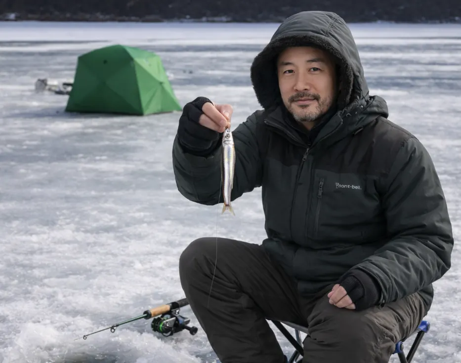 立岩湖でワカサギの釣果を得た渡辺.webp