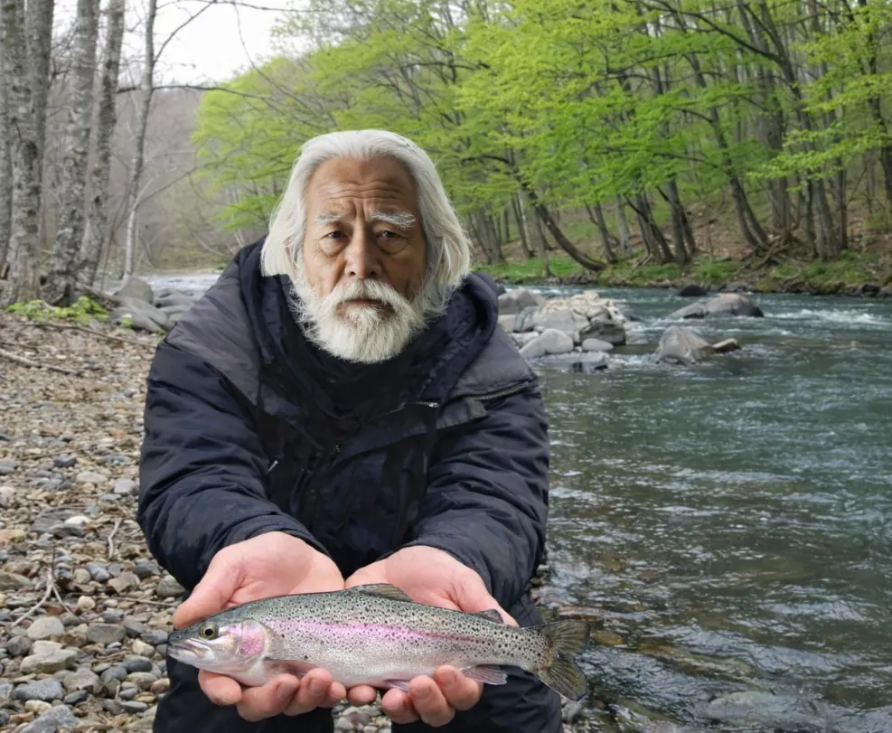 簾舞川でニジマスの釣果を得た米田.webp