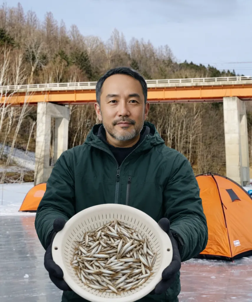 置戸湖でワカサギの釣果を得た渡辺.webp