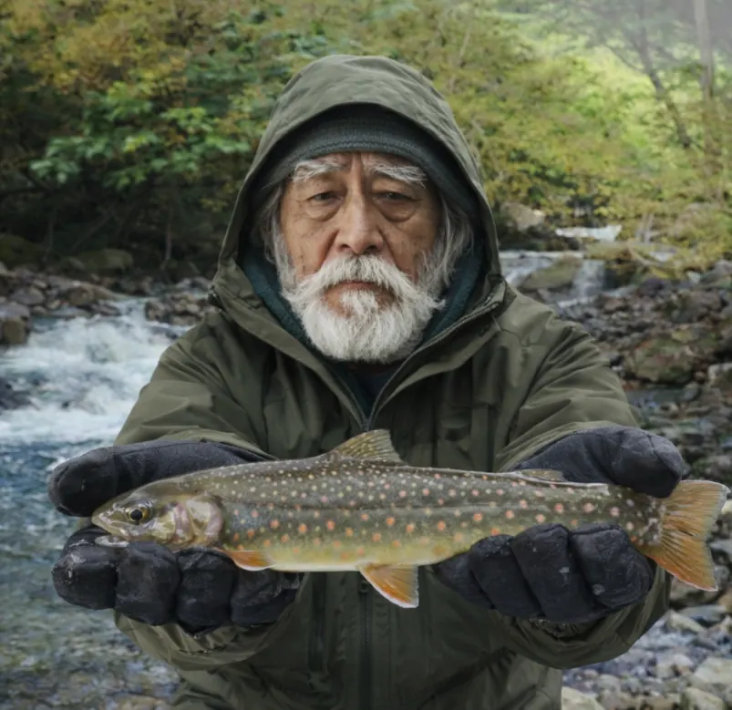 羅臼川でオショロコマの釣果を得た米田.webp