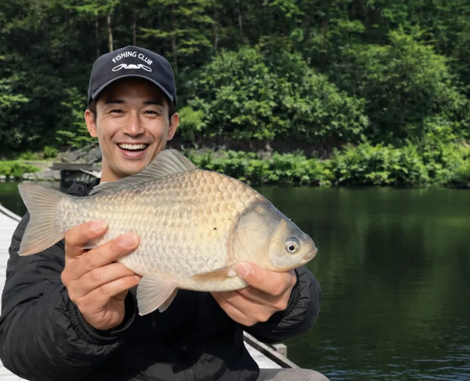 聖湖でヘラブナの釣果を得た勝田.webp