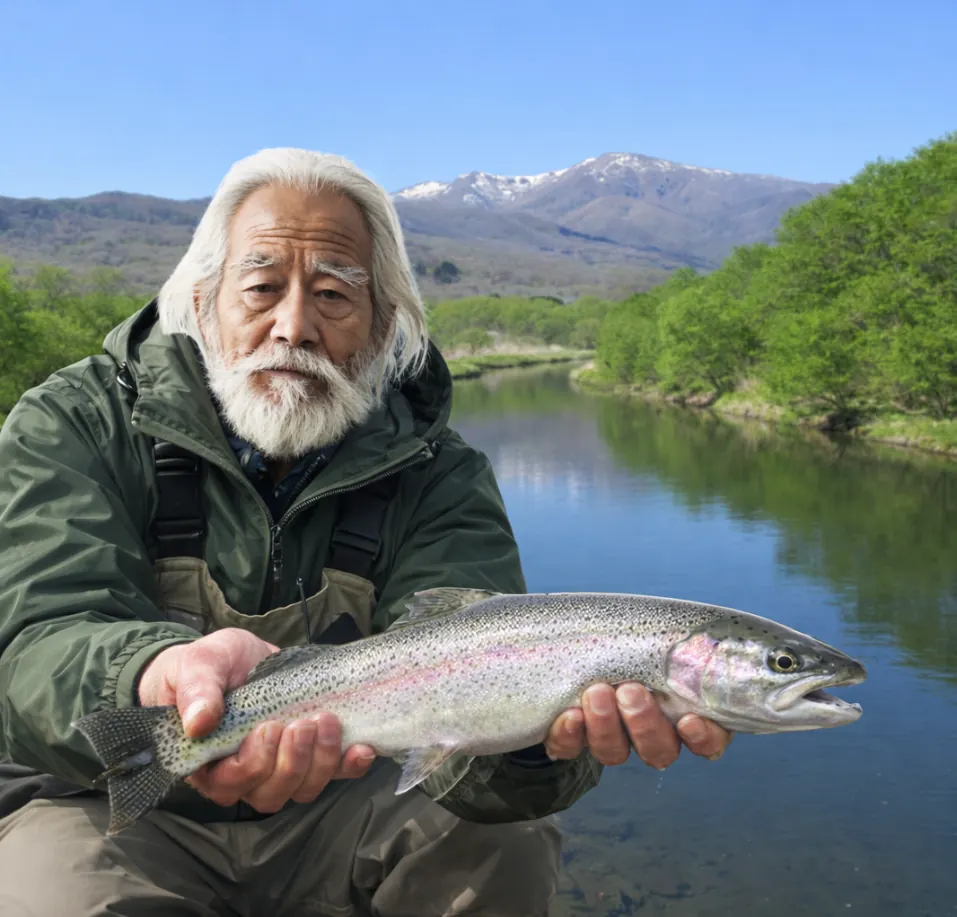 胆振幌別川でニジマスの釣果を得た米田.webp