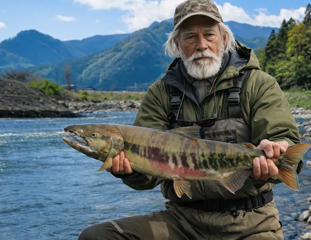 能生川でサケの釣果を得た米田.webp